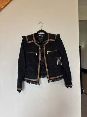 Juicy Couture Black Label Black Tweed Gold Chain Trim Fringe Jacket Size S
